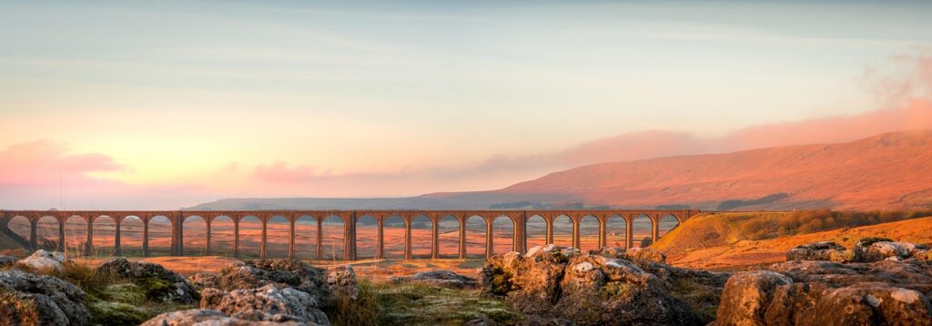 ribblehead viaduct, viaduct, bridge, ribblehead, yorkshire dales, yorkshire, nature, sunrise, architecture, travel, dales, transportation, britain, historic, landscape, england, uk, moorland, landmark, countryside, structure, whernside